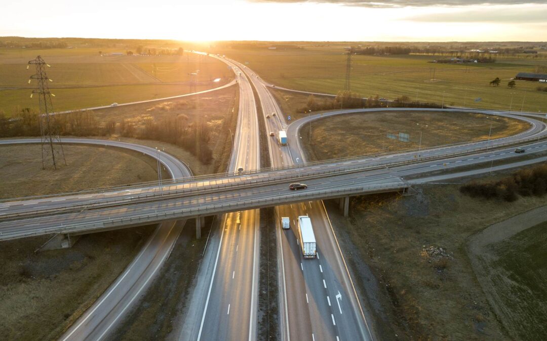 Aerial view of highway and merge lanes